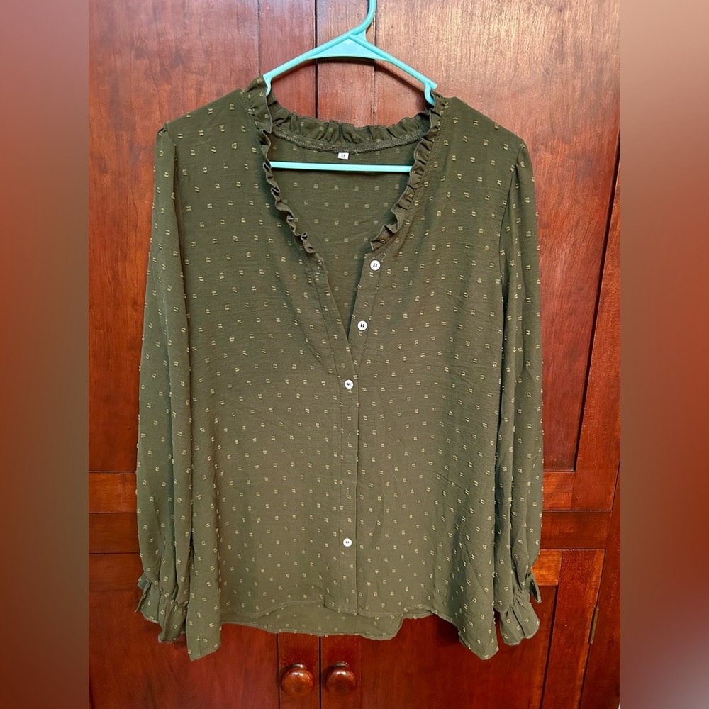 Amazon Olive Button V-Neck Blouse with Ruffle Sleeve Hem